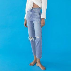 ZARA RIPPED MOM FIT JEANS BLUE